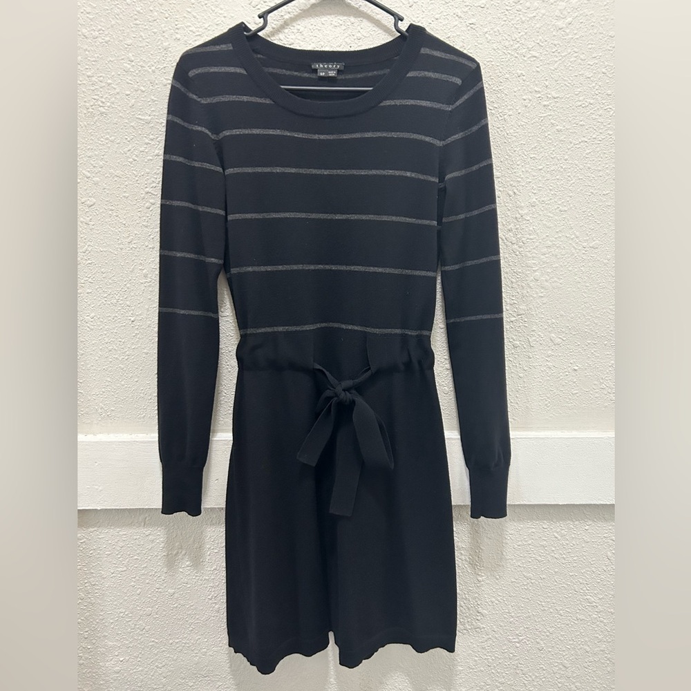 Theory Wool Long Sleeve Belted Sweater Dress with Grey Stripes Small